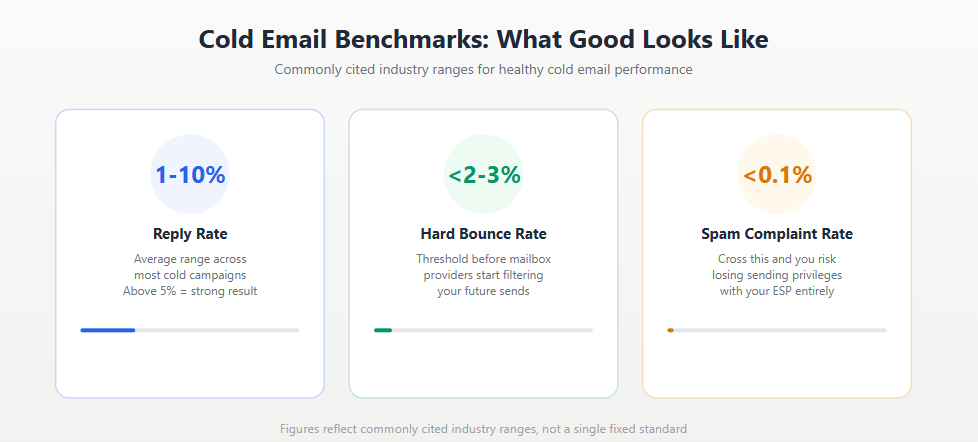 Cold email benchmarks: reply rate, bounce rate, and spam complaint thresholds