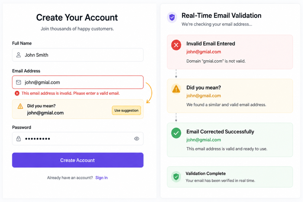 Real-time validation prevents invalid customer data from entering the system.