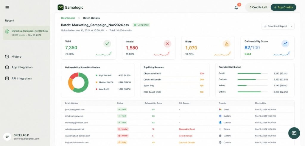  Gamalogic dashboard showing a batch of addresses tagged Valid  Invalid  Risky with deliverability scores.